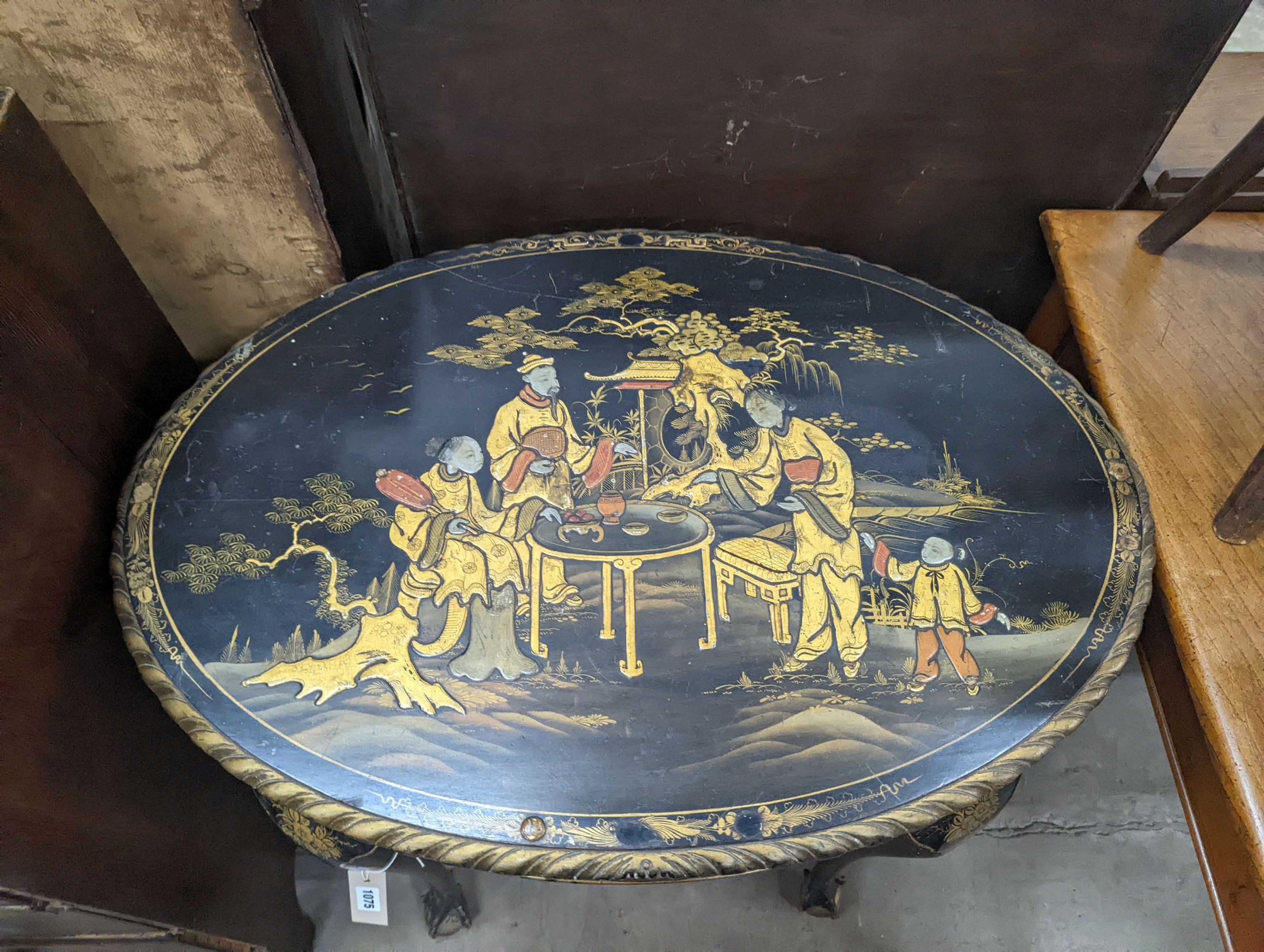 An early 20th century chinoiserie lacquer oval centre table, length 84cm, depth 59cm, height 77cm